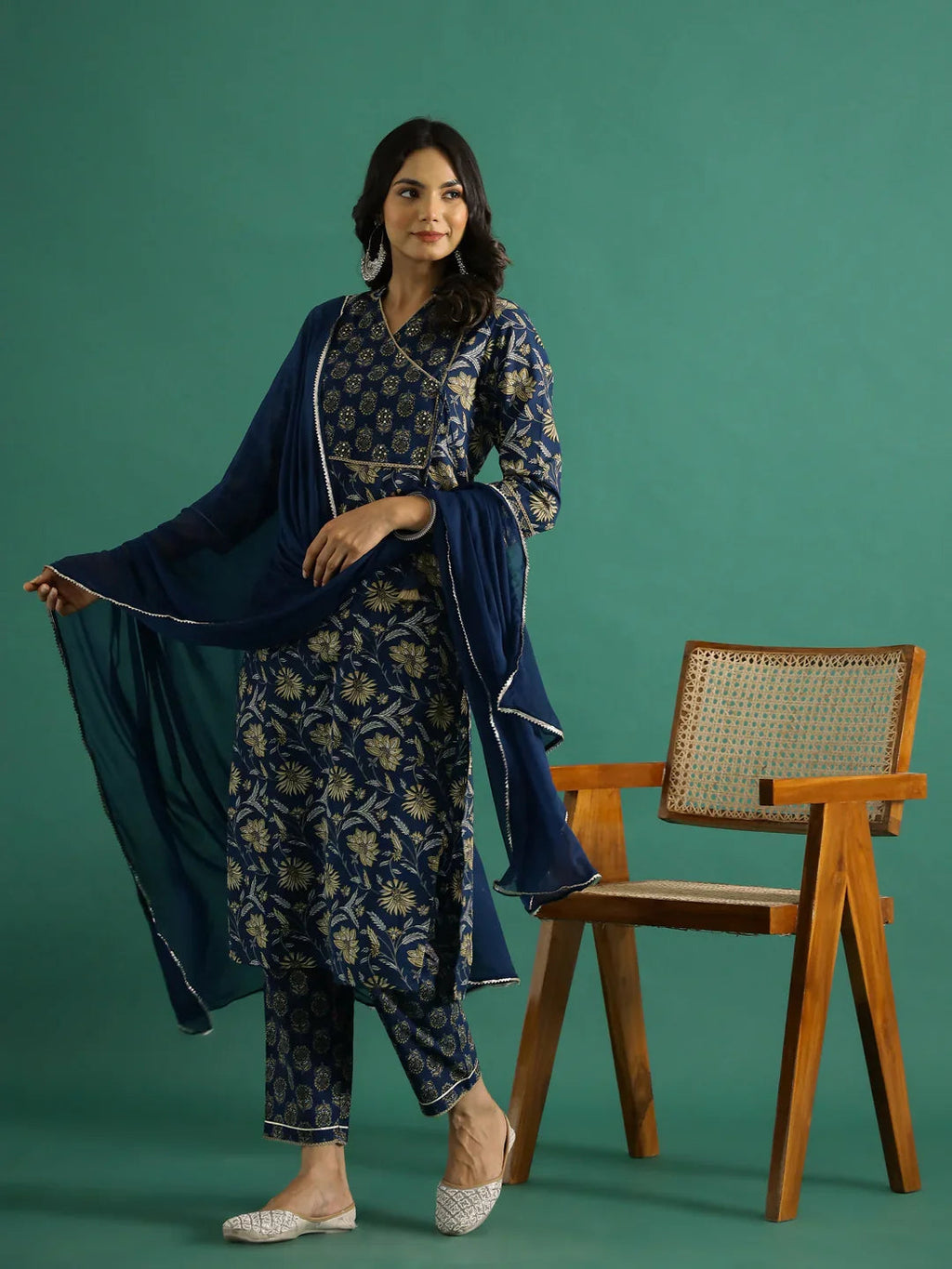 Blue Pure Cotton V-Neck Printed Kurta Set for Women - SanskrutiHomes 