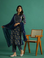 Blue Pure Cotton V-Neck Printed Kurta Set for Women - SanskrutiHomes 
