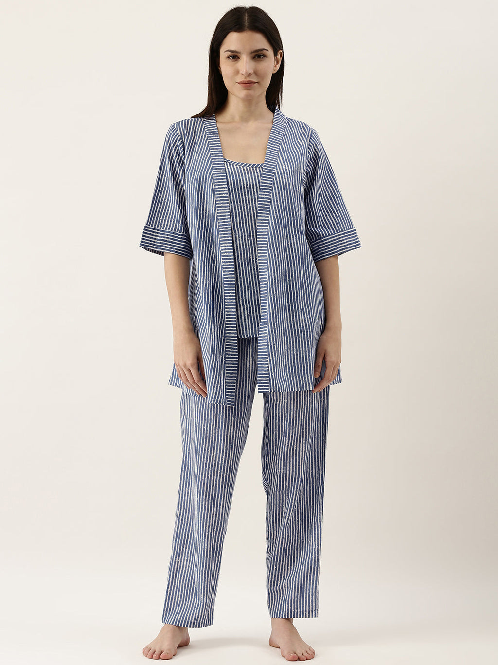 Blue Cotton Printed Night Suit Shrug Set