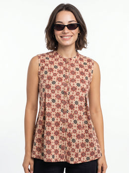 Brown Round Neck Cotton Floral Top for Women