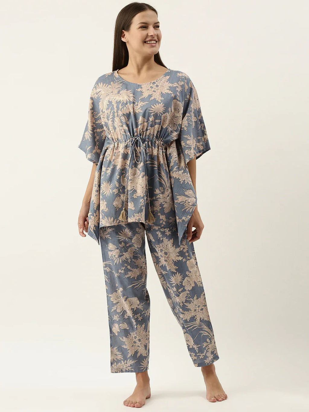 Powder Blue Cotton Printed Kaftan and Pajama Set - SanskrutiHomes 