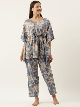 Powder Blue Cotton Printed Kaftan & Pajama Set