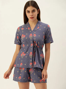 Women Purple & Pink Flower Printed Tie Up Top With Shorts Night suit Set - SanskrutiHomes 
