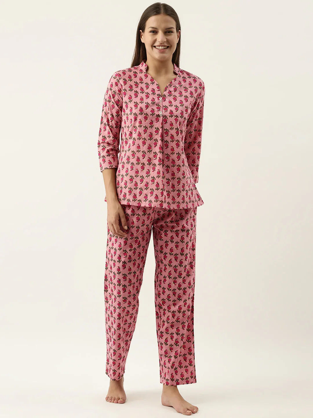 Pink Printed V-Neck Pure Cotton Pyjama Night Suit For Women