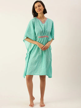 Sea Green Pure Cotton Bandhej Dot Printed Kaftan - SanskrutiHomes 