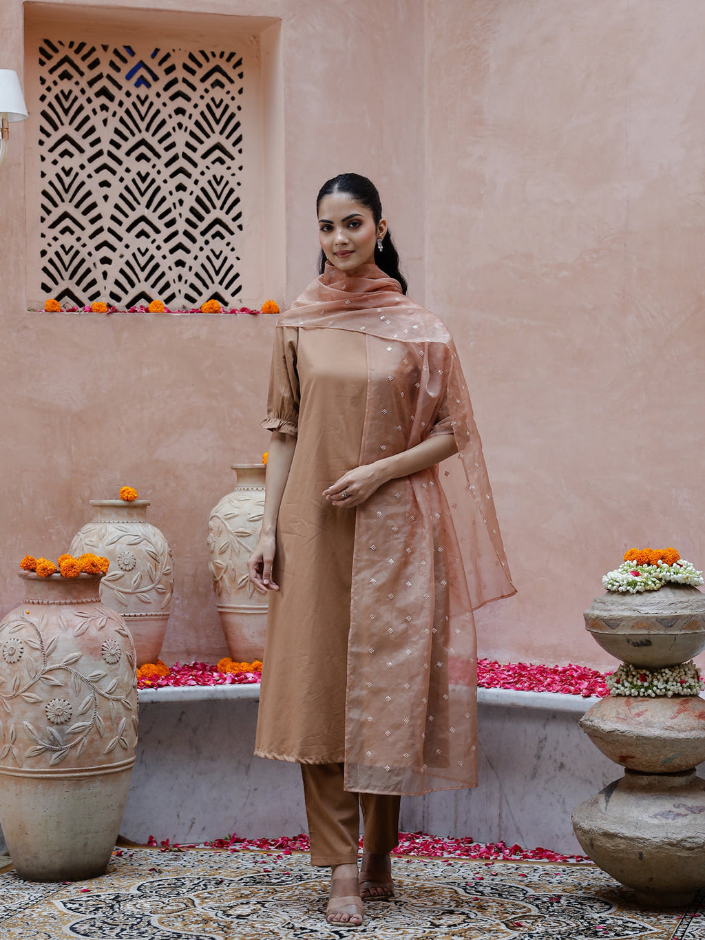 Brown Solid Print Cotton Kurta With Dupatta