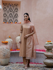 Brown Solid Print Cotton Kurta With Dupatta