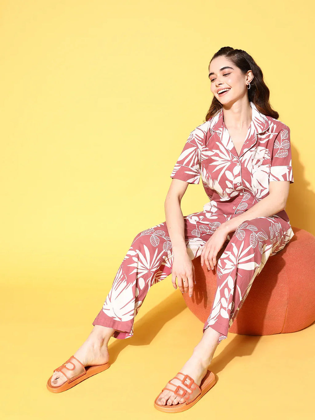 Wine Cotton Printed Night Suit Set with Payjama - SanskrutiHomes 