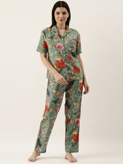 Green Cotton Floral Print Shirt Collar Night Suit Set With Pajama