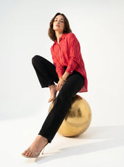 Pink Geometric Print Mandarin Collar Shirt For Women