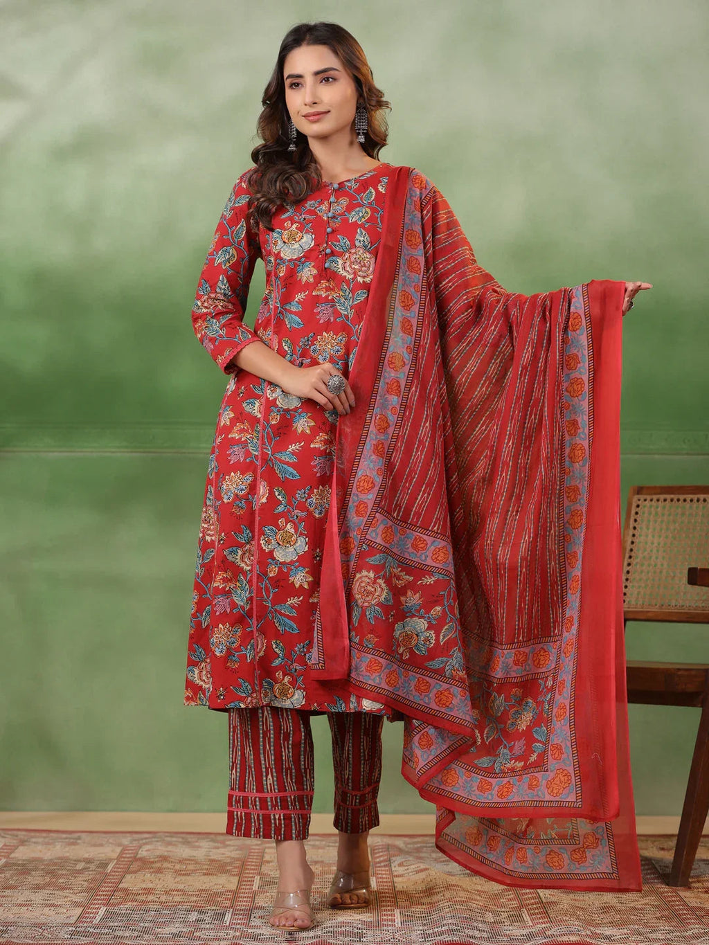Maroon Cotton Round Neck Floral Printed Kurta Set for Women - SanskrutiHomes 