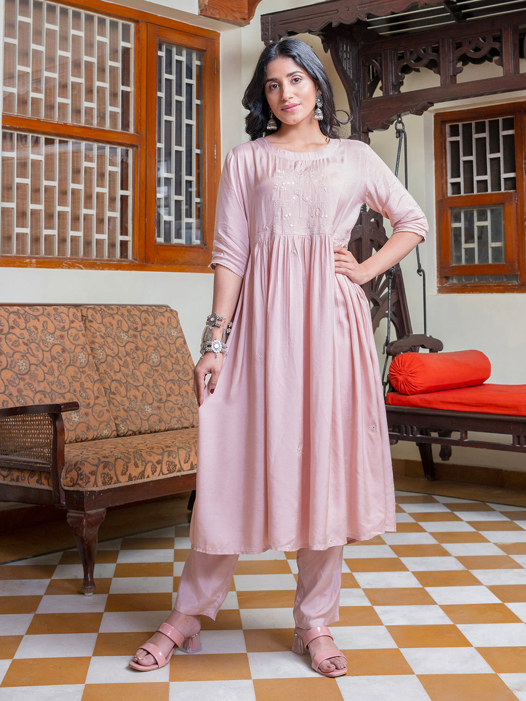 Pink Solid Print Cotton Kurta Set