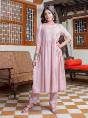 Pink Solid Print Cotton Kurta Set
