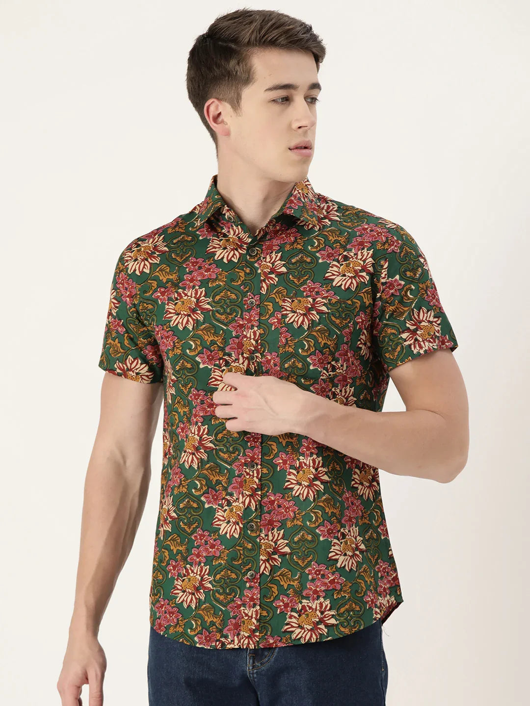 Green Cotton Printed Shirt - SanskrutiHomes 