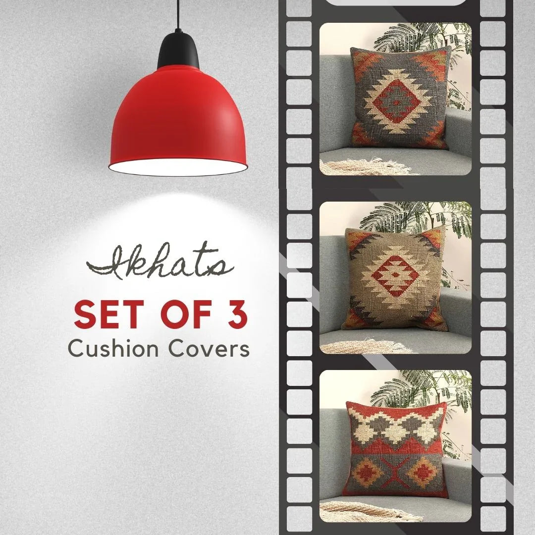 Ikhats Set of 3 Jute Multicolor Cushion Cover - SanskrutiHomes 