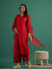 Red V-Neck Solid Sequinned Straight Kurta Set With Dupatta For Women