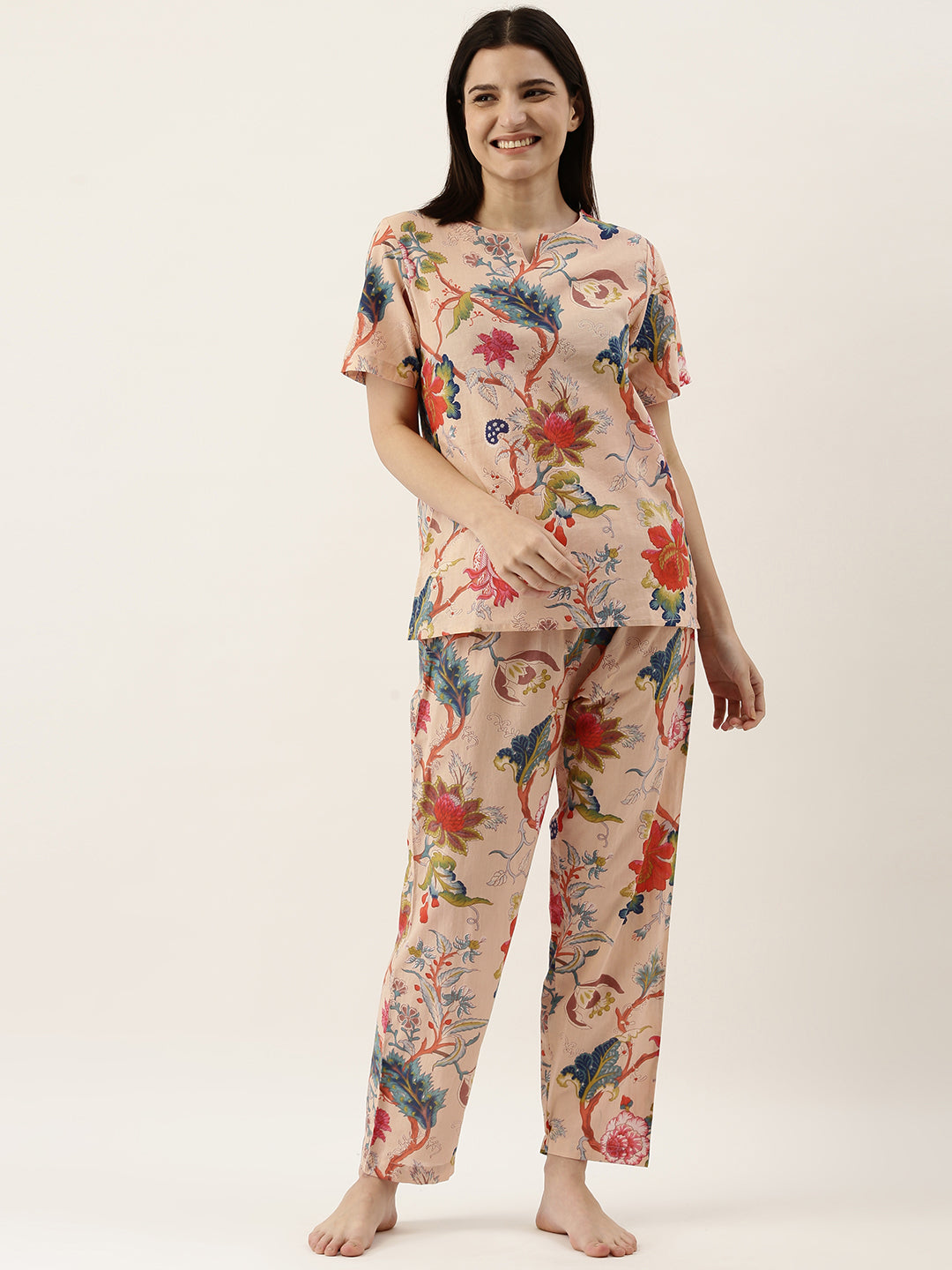 Beige Cotton Printed Night Suit Set With Pajama