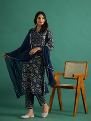 Blue Pure Cotton V-Neck Printed Kurta Set For Women