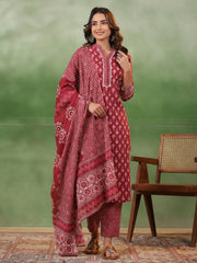 Red Floral Printed Kurta Set with Dupatta - SanskrutiHomes 
