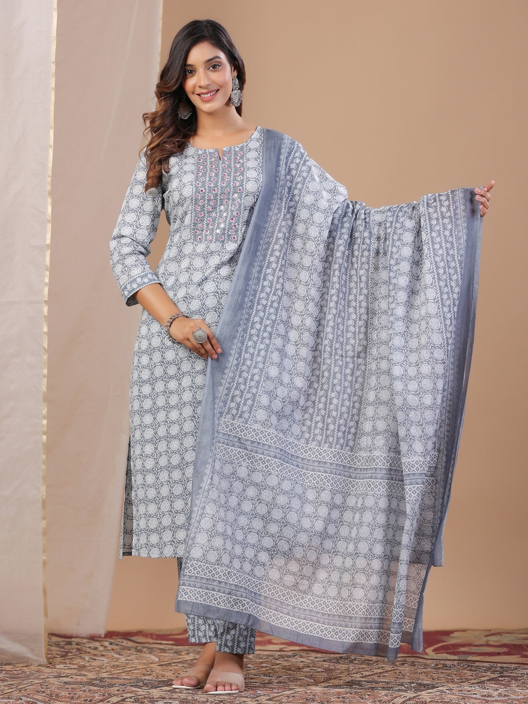 Grey Ethnic Motifs Printed Round Neck Pure Cotton Kurta Trousers Dupatta Set For Women