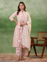 White Band Collar Ethnic Motif Print Pure Cotton A -Line Kurta Set For Women