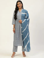 Blue Pure Cotton Floral Printed V-Neck Kurta Set with Dupatta - SanskrutiHomes 