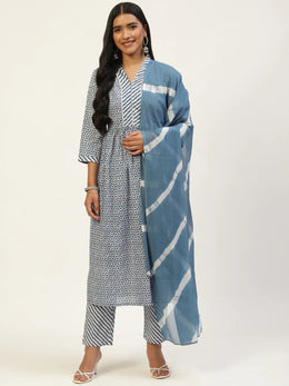 Blue Pure Cotton Floral Printed V-Neck Kurta Set with Dupatta - SanskrutiHomes 