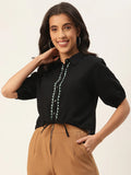 Black Geometric Embroidered Shirt Style Top - SanskrutiHomes 