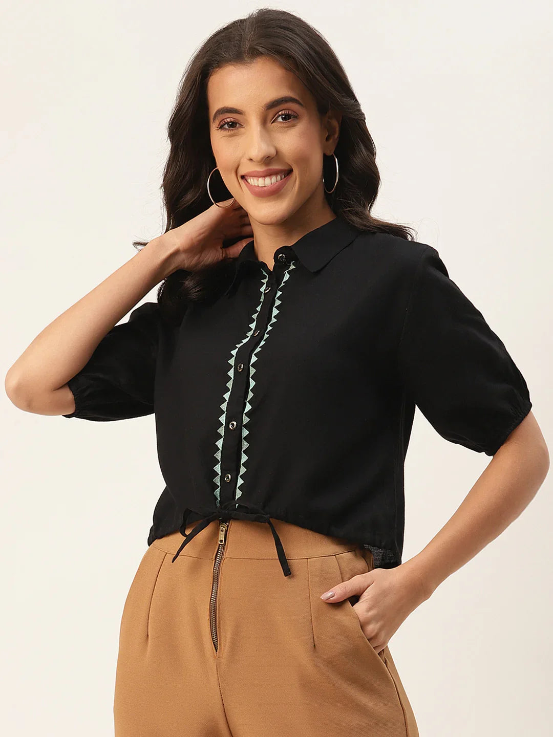 Black Geometric Embroidered Shirt Style Top - SanskrutiHomes 