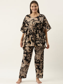 Black Cotton Printed Kaftan And Pajama Set For Women