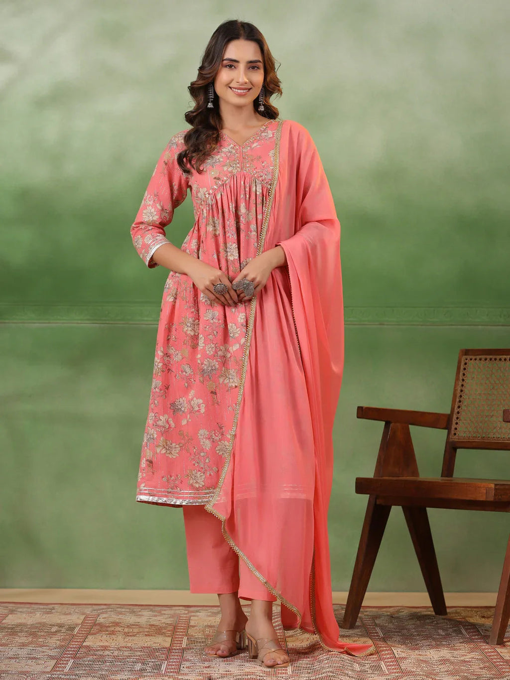 Peach V-Neck Pure Cotton Kurta Set with Dupatta for Women - SanskrutiHomes 