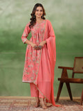 Peach V-Neck Pure Cotton Kurta Set with Dupatta for Women - SanskrutiHomes 
