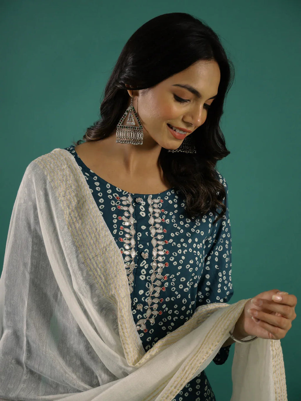 Green Bandhani Print Round Neck Cotton Kurta Set for Women - SanskrutiHomes 