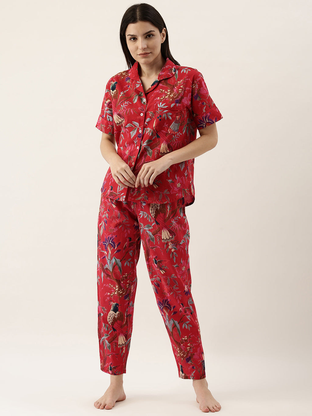 Red Cotton Printed Night Suit Set With Pajama
