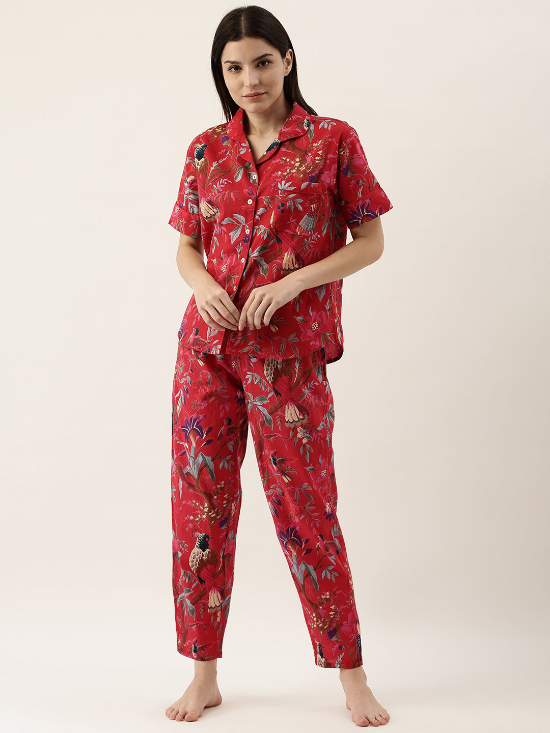 Red Cotton Printed Night Suit Set With Pajama