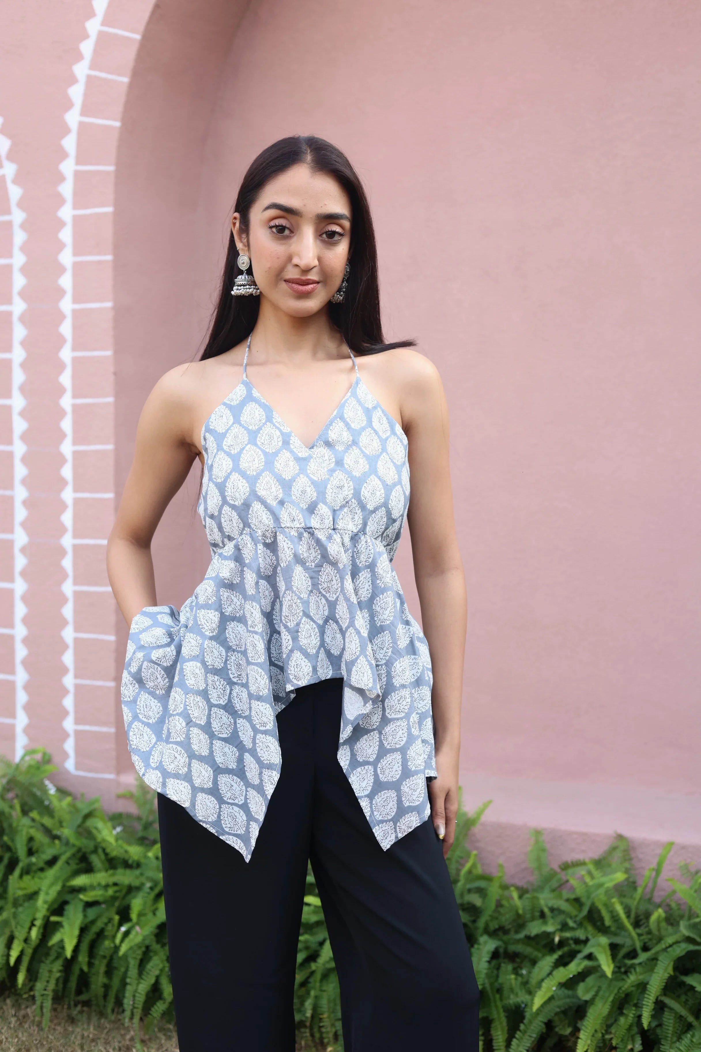 Grey Floral Print Cotton V-Neck Top for Women - SanskrutiHomes 