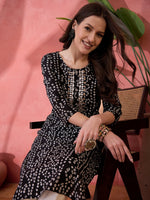 Black Printed Round Neck Cotton Kurta - SanskrutiHomes 