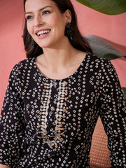 Black Printed Round Neck Cotton Kurta - SanskrutiHomes 