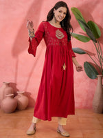 Red Round Neck Cotton Kurta for Women - SanskrutiHomes 
