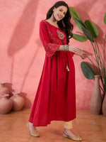 Red Round Neck Cotton Kurta for Women - SanskrutiHomes 