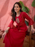 Red Round Neck Cotton Kurta for Women - SanskrutiHomes 