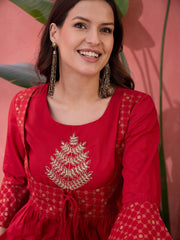 Red Round Neck Cotton Kurta for Women - SanskrutiHomes 