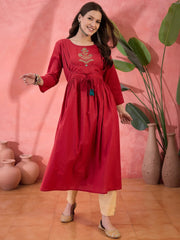 Red Solid Print Cotton Kurta for Women - SanskrutiHomes 