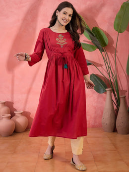 Red Solid Print Cotton Kurta for Women - SanskrutiHomes 