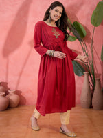 Red Solid Print Cotton Kurta for Women - SanskrutiHomes 