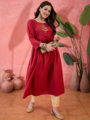 Red Solid Print Cotton Kurta for Women - SanskrutiHomes 