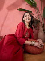 Red Solid Print Cotton Kurta for Women - SanskrutiHomes 