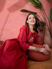 Red Solid Print Cotton Kurta for Women - SanskrutiHomes 