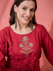 Red Solid Print Cotton Kurta for Women - SanskrutiHomes 