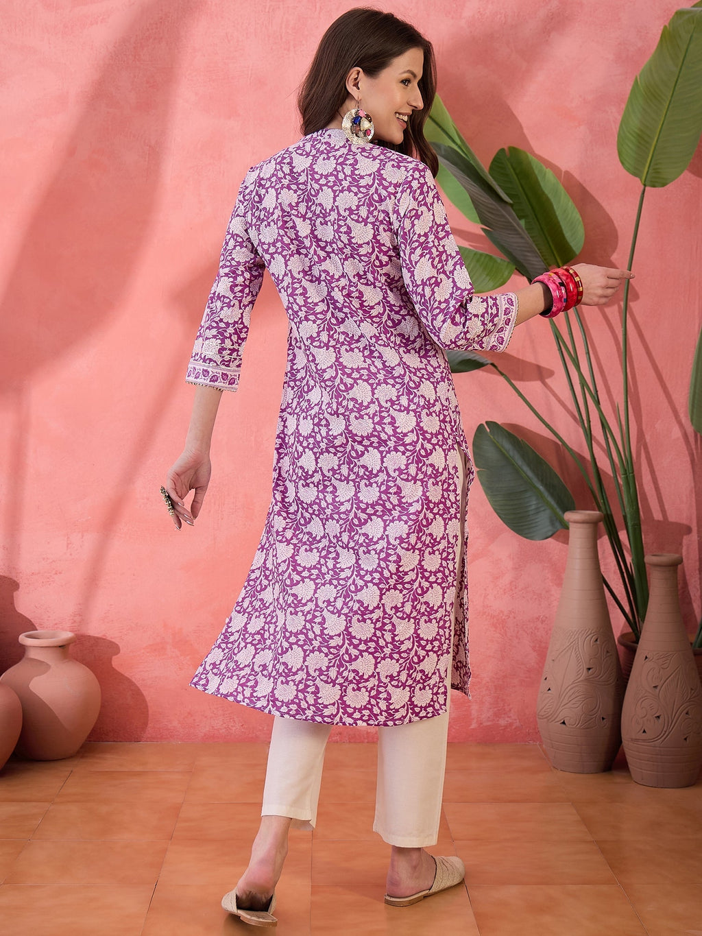 Purple Floral Printed Cotton Kurta for Women - SanskrutiHomes 